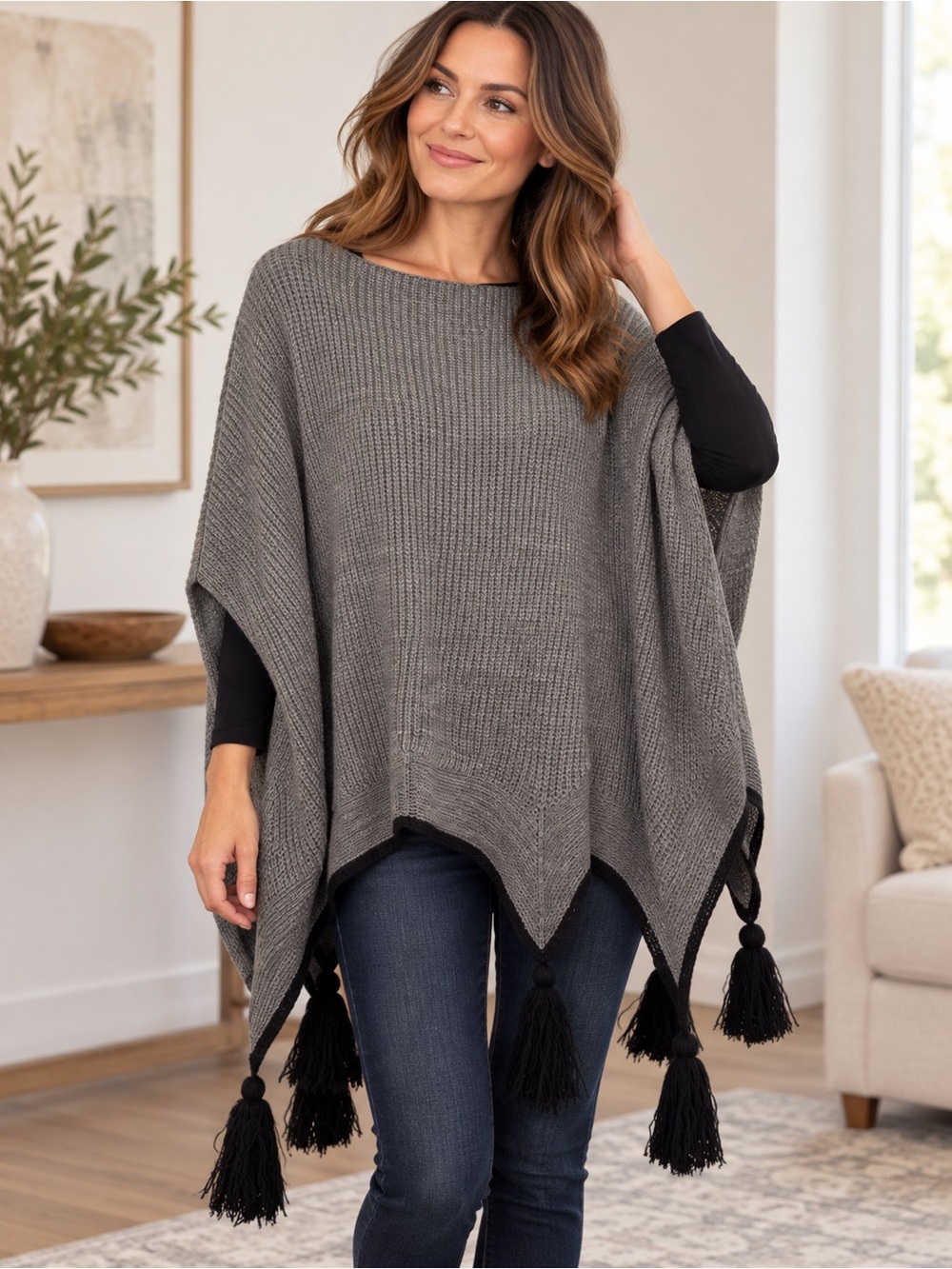 Vince Camuto Gray Knit Tassel Poncho with Black Trim